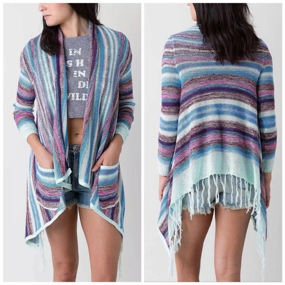Billabong Loosen Up Cardigan Fringe Sweater Skylight Size M purple ~ Grannycore - Picture 1 of 10